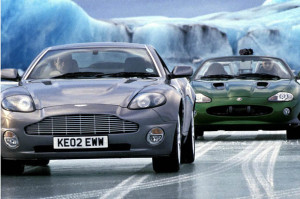 Bond's Aston Martin V12 Vanquish being chased by Zhao's Jaguar XKR